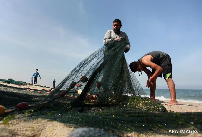 Palestinian fishermen collect fish from their nets at the beach in Gaza City on April 03, 2016. Israel on Sunday extended the distance it permits Gaza fishermen to head out to sea along certain parts of the coastline of...