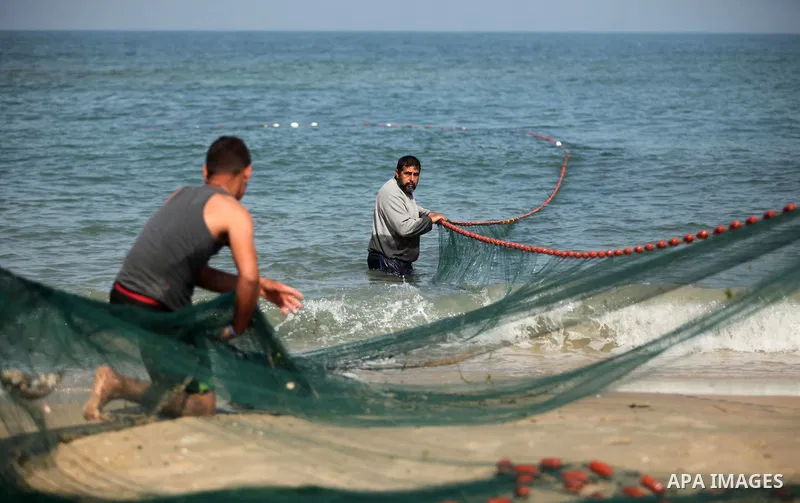 Palestinian fishermen pull their net at the beach in Gaza City on April 03, 2016. Israel on Sunday extended the distance it permits Gaza fishermen to head out to sea along certain parts of the coastline of the enclave, w...