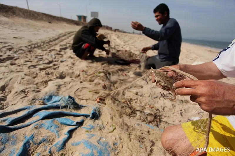 Palestinian fishermen collect fish from their nets at the beach in Gaza City on April 03, 2016. Israel on Sunday extended the distance it permits Gaza fishermen to head out to sea along certain parts of the coastline of...