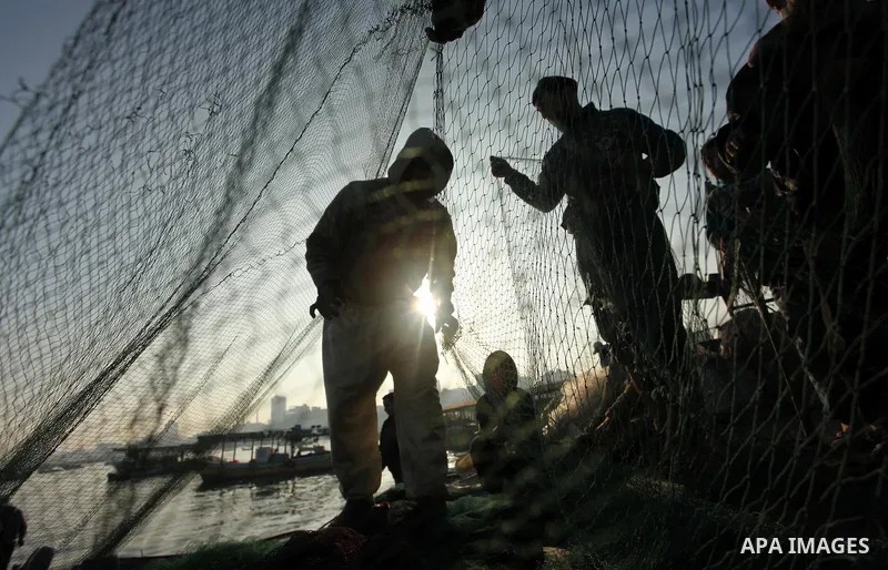 Palestinian fishermen pull their net at the beach in Gaza City, on April 4, 2016. Israel on Sunday extended the distance it permits Gaza fishermen to head out to sea along certain parts of the coastline of the enclave, w...