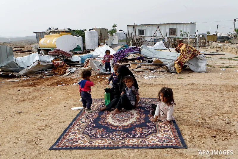 Palestinians inspect the rubble of a house that was demolished by Israeli bulldozers in the West Bank village of Um Alkahiar, South of Hebron 06 April 2016. Israeli forces on Wednesday demolished six structures in Khirbe...