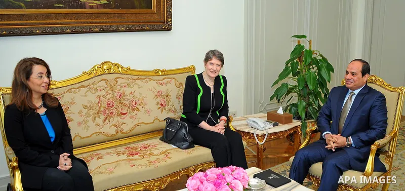 Egyptian President Abdel Fattah al-Sisi meets with Deputy UN Secretary-General and Director of UNDP, Helen Clark in Cairo, Egypt on April 05, 2016. Photo by Egyptian President Office