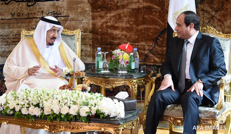 Egyptian President Abdel Fattah al-Sisi meets with Saudi King Salman bin Abdulaziz in the capital Cairo on April 07, 2016. Saudi King Salman started a five-day visit to Cairo in a show of support for Egyptian President A...