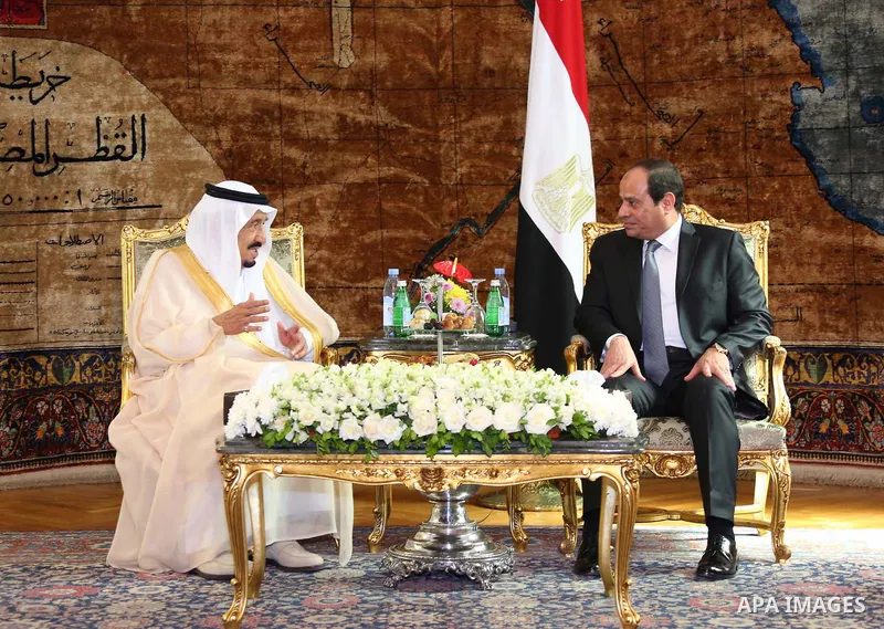 Egyptian President Abdel Fattah al-Sisi meets with Saudi King Salman bin Abdulaziz in the capital Cairo on April 07, 2016. Saudi King Salman started a five-day visit to Cairo in a show of support for Egyptian President A...