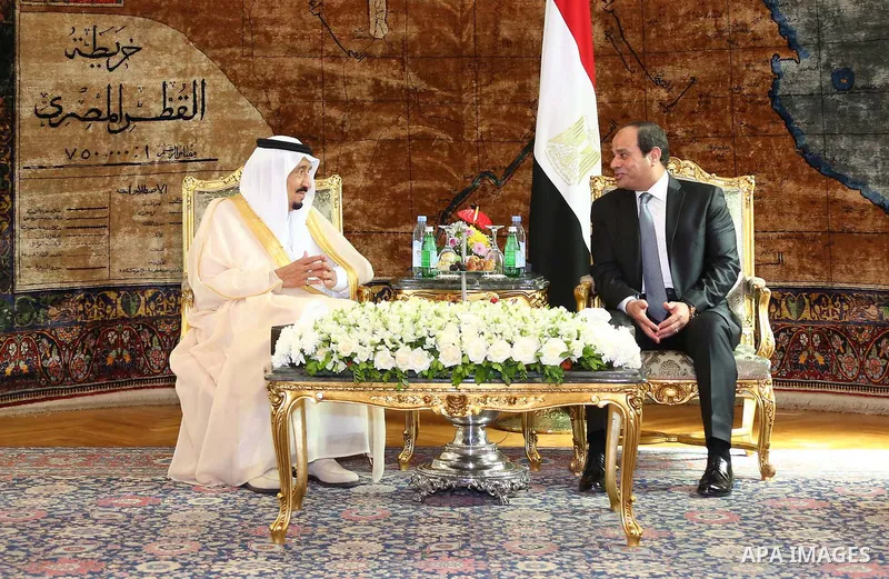 Egyptian President Abdel Fattah al-Sisi meets with Saudi King Salman bin Abdulaziz in the capital Cairo on April 07, 2016. Saudi King Salman started a five-day visit to Cairo in a show of support for Egyptian President A...