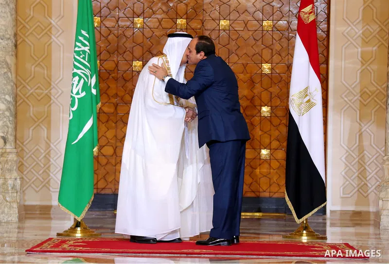 Egyptian President Abdel Fattah al-Sisi honors Saudi King Salman bin Abdulaziz in the capital Cairo on April 08, 2016. Saudi King Salman started a five-day visit to Cairo in a show of support for Egyptian President Abdel...