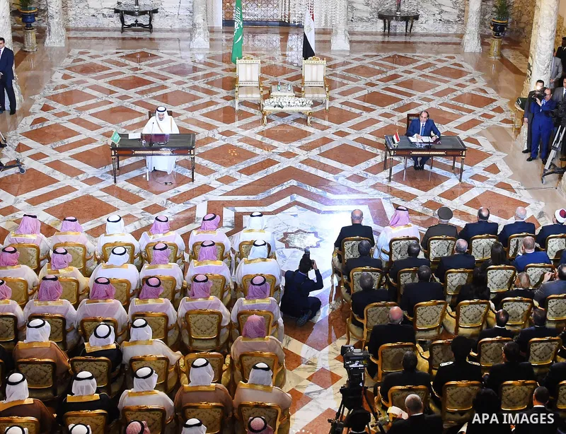 King Salman bin Abdulaziz Al Saud of Saudi Arabiaattends a meeting with the President of Egypt Abdel Fattah el-Sisi at the Egyptian Presidential Palace in Cairo, Egypt on April 8, 2016. Photo by Egyptian President Office