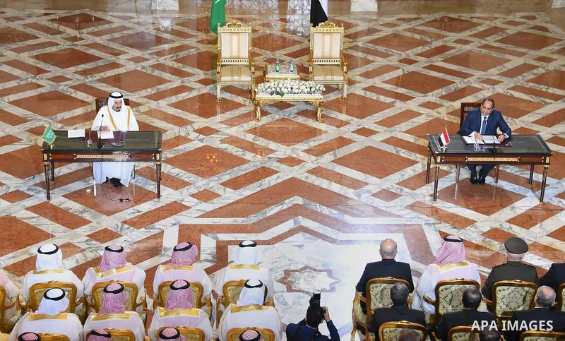 King Salman bin Abdulaziz Al Saud of Saudi Arabiaattends a meeting with the President of Egypt Abdel Fattah el-Sisi at the Egyptian Presidential Palace in Cairo, Egypt on April 8, 2016. Photo by Egyptian President Office