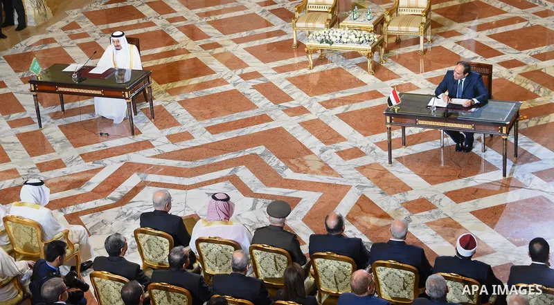 King Salman bin Abdulaziz Al Saud of Saudi Arabiaattends a meeting with the President of Egypt Abdel Fattah el-Sisi at the Egyptian Presidential Palace in Cairo, Egypt on April 8, 2016. Photo by Egyptian President Office
