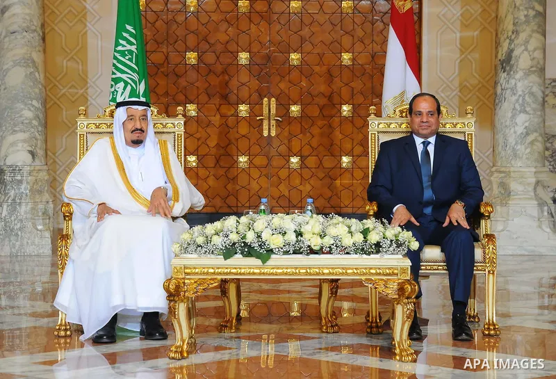 King Salman bin Abdulaziz Al Saud of Saudi Arabiaattends a meeting with the President of Egypt Abdel Fattah el-Sisi at the Egyptian Presidential Palace in Cairo, Egypt on April 8, 2016. Photo by Egyptian President Office