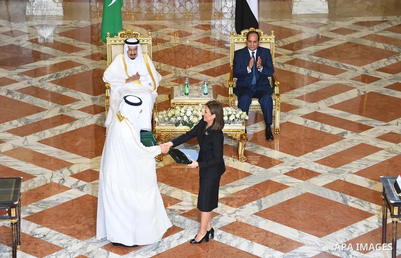 King Salman bin Abdulaziz Al Saud of Saudi Arabiaattends a meeting with the President of Egypt Abdel Fattah el-Sisi at the Egyptian Presidential Palace in Cairo, Egypt on April 8, 2016. Photo by Egyptian President Office