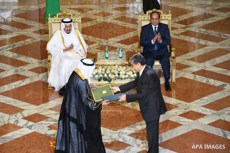 King Salman bin Abdulaziz Al Saud of Saudi Arabiaattends a meeting with the President of Egypt Abdel Fattah el-Sisi at the Egyptian Presidential Palace in Cairo, Egypt on April 8, 2016. Photo by Egyptian President Office