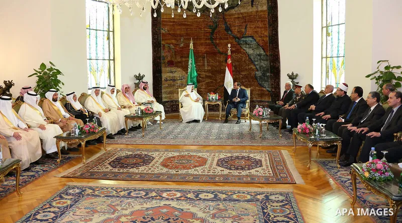 King Salman bin Abdulaziz Al Saud of Saudi Arabiaattends a meeting with the President of Egypt Abdel Fattah el-Sisi at the Egyptian Presidential Palace in Cairo, Egypt on April 8, 2016. Photo by Egyptian President Office