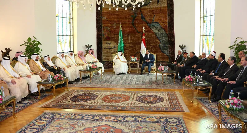 King Salman bin Abdulaziz Al Saud of Saudi Arabiaattends a meeting with the President of Egypt Abdel Fattah el-Sisi at the Egyptian Presidential Palace in Cairo, Egypt on April 8, 2016. Photo by Egyptian President Office