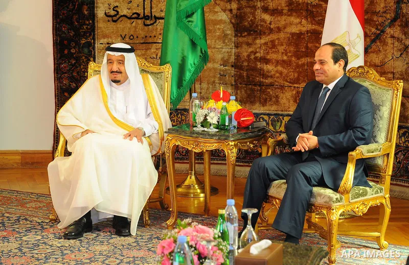 King Salman bin Abdulaziz Al Saud of Saudi Arabiaattends a meeting with the President of Egypt Abdel Fattah el-Sisi at the Egyptian Presidential Palace in Cairo, Egypt on April 8, 2016. Photo by Egyptian President Office