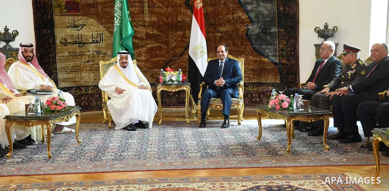King Salman bin Abdulaziz Al Saud of Saudi Arabiaattends a meeting with the President of Egypt Abdel Fattah el-Sisi at the Egyptian Presidential Palace in Cairo, Egypt on April 8, 2016. Photo by Egyptian President Office