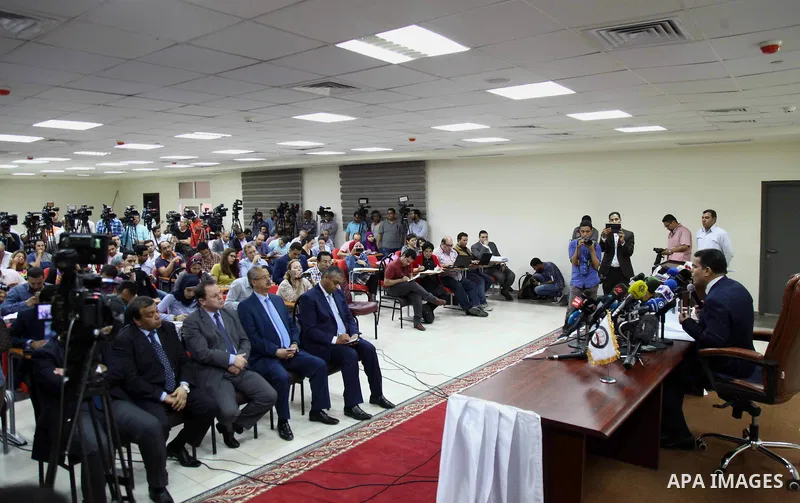 Mostafa Suleiman, Egypt's assistant state prosecutor, speaks to the press in the capital Cairo on April 9, 2016, on the subject of the murder of student Giulio Regeni in Egyptian capital. Suleiman told a press conference...