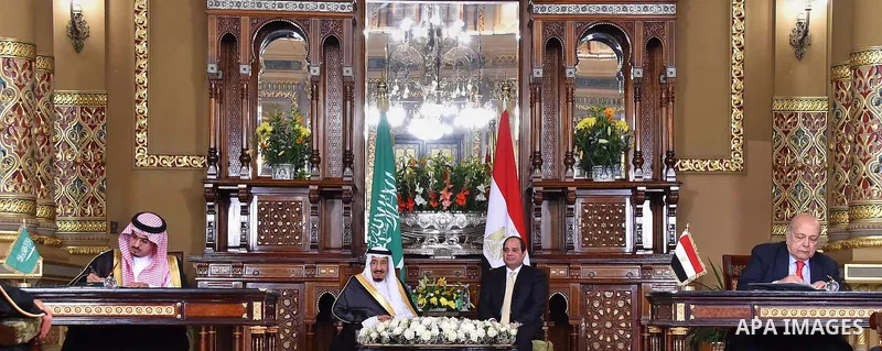 A handout picture released by the Egyptian Presidency on April 10, 2016 shows Egyptian President Abdel Fattah al-Sisi meeting with Saudi King Salman bin Abdulaziz as part of a signing ceremony for bilateral aggrements at...