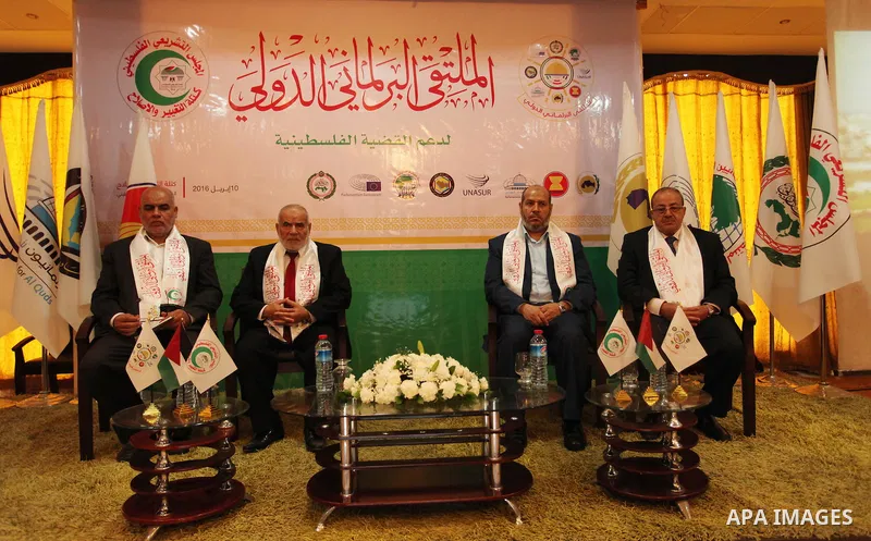 Senior Hamas leaders attend a meeting, in Gaza city, on April 10, 2016. Photo by Ashraf Amra