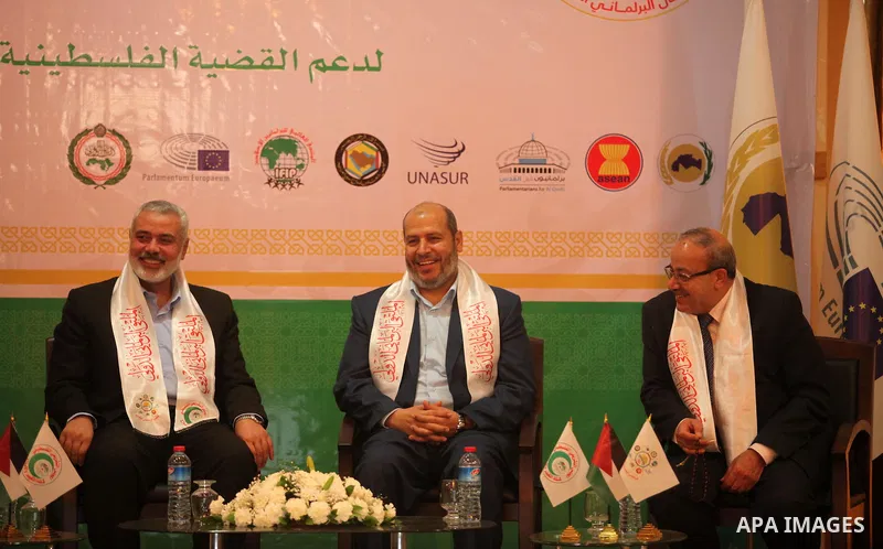 Senior Hamas leaders attend a meeting, in Gaza city, on April 10, 2016. Photo by Ashraf Amra