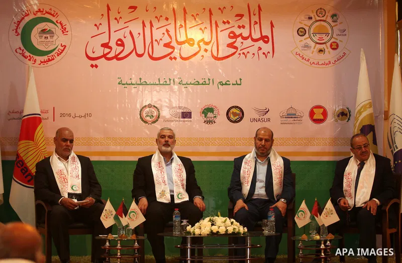Senior Hamas leaders attend a meeting, in Gaza city, on April 10, 2016. Photo by Ashraf Amra