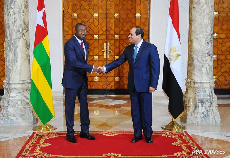 Egyptian President Abdel Fattah al-Sisi and President of Togo, Faure Gnassingbe shake hands before a meeting in the capital Cairo on April 10, 2016. Photo by Egyptian President Office