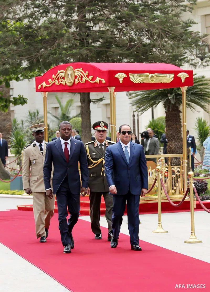 Egyptian President Abdel Fattah al-Sisi and President of Togo, Faure Gnassingbe reviewing troops before a meeting in the capital Cairo on April 10, 2016. Photo by Egyptian President Office