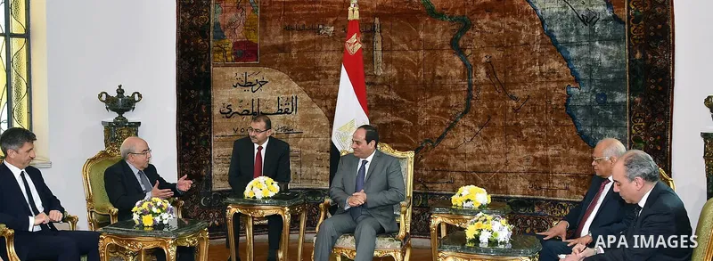 Egyptian President Abdel Fattah al-Sisi meets with Yiannakis Omirou the speaker of Cyprus' parliament in Cairo, Egypt, on April 12, 2016. Photo by Egyptian President Office