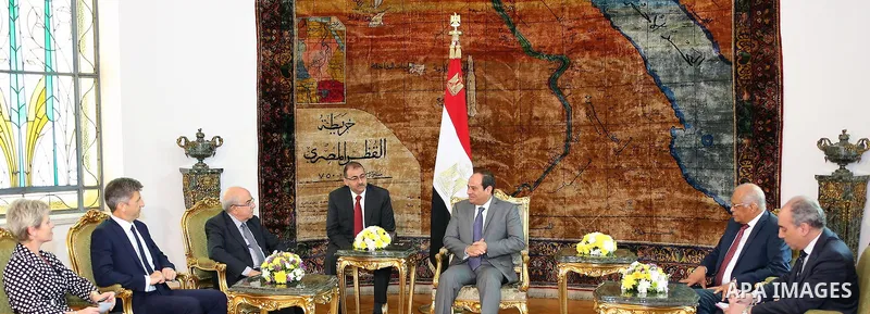 Egyptian President Abdel Fattah al-Sisi meets with Yiannakis Omirou the speaker of Cyprus' parliament in Cairo, Egypt, on April 12, 2016. Photo by Egyptian President Office