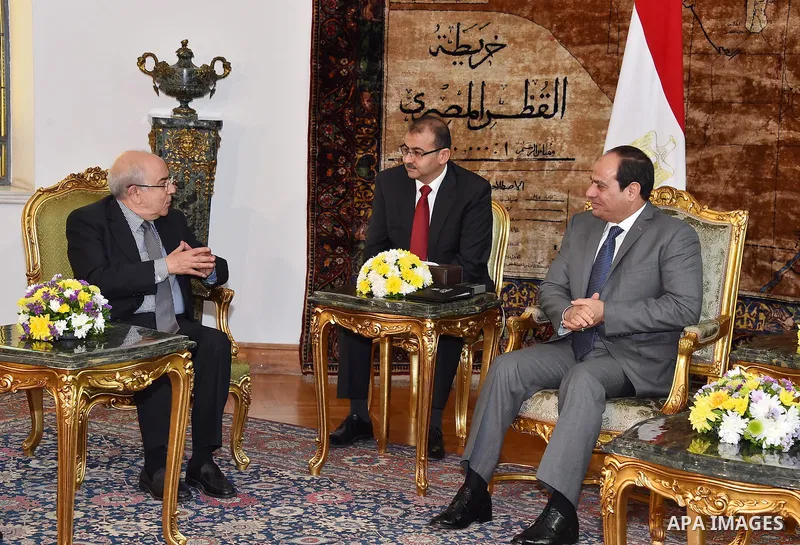 Egyptian President Abdel Fattah al-Sisi meets with Yiannakis Omirou the speaker of Cyprus' parliament in Cairo, Egypt, on April 12, 2016. Photo by Egyptian President Office