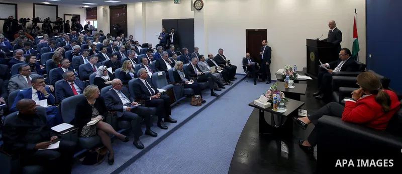 Palestinian prime Minister, Rami Hamdalah, speaks during a press conference on the reconstruction of Gaza strip, in the West bank of Ramallah on April 13, 2016. Photo by Prime Minister Office