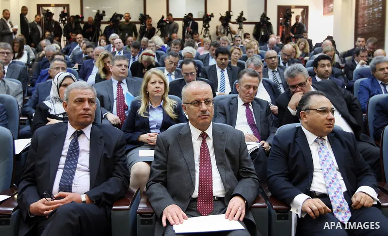 Palestinian prime Minister, Rami Hamdalah, speaks during a press conference on the reconstruction of Gaza strip, in the West bank of Ramallah on April 13, 2016. Photo by Prime Minister Office