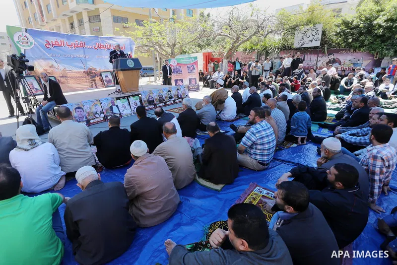 Senior Hamas leader Ismail Haniyeh, gives a speech during the Friday prayers in front of Red cross office in Gaza city on April 15, 2016. Photo by Mohammed Asad