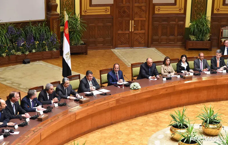 German economy minister Sigmar Gabriel speaks during a meeting with Egyptian President Abdel Fattah al-Sisi in the presidential palace of Cairo, Egypt, on April 17, 2016. Along with a business delegation, Gabriel is visi...