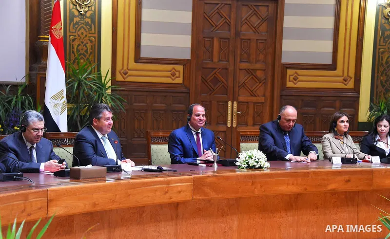 Egyptian President Abdel Fattah al-Sisi speaks during a meeting with German economy minister Sigmar Gabriel and German business delegates in the presidential palace of Cairo, Egypt, on April 17, 2016. Along with a busine...