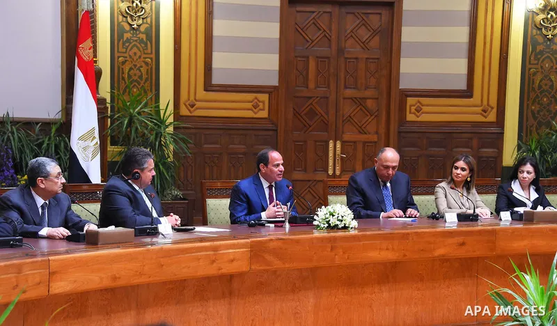 Egyptian President Abdel Fattah al-Sisi speaks during a meeting with German economy minister Sigmar Gabriel and German business delegates in the presidential palace of Cairo, Egypt, on April 17, 2016. Along with a busine...