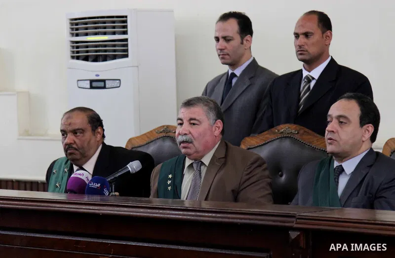 Egyptian judges attend the trial of Egyptian former interior minister Habib al-Adly on the charges of corruption, in Cairo, Egypt on April 19, 2016. Habib al-Adly served as interior minister of Egypt from 1997 to 2011, h...