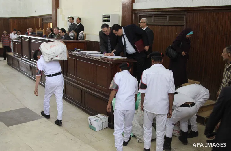 Egyptian judges attend the trial of Egyptian former interior minister Habib al-Adly on the charges of corruption, in Cairo, Egypt on April 19, 2016. Habib al-Adly served as interior minister of Egypt from 1997 to 2011, h...