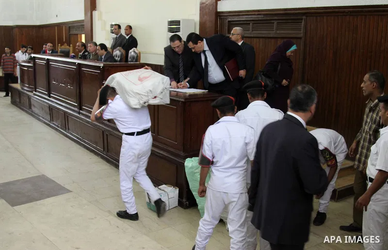 Egyptian judges attend the trial of Egyptian former interior minister Habib al-Adly on the charges of corruption, in Cairo, Egypt on April 19, 2016. Habib al-Adly served as interior minister of Egypt from 1997 to 2011, h...
