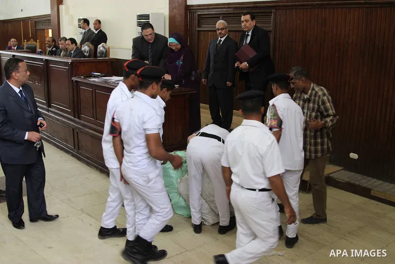 Egyptian judges attend the trial of Egyptian former interior minister Habib al-Adly on the charges of corruption, in Cairo, Egypt on April 19, 2016. Habib al-Adly served as interior minister of Egypt from 1997 to 2011, h...