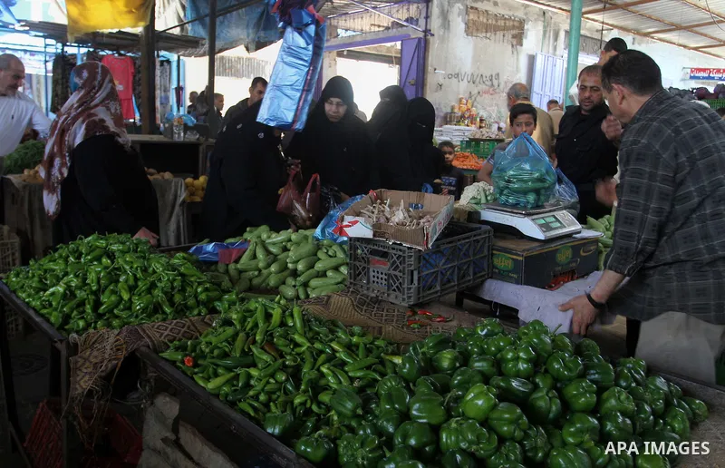 A Palestinian man sells vegetables at his shop in a market in Rafah in the southern Gaza Strip, April 19, 2016. Photo by Abed Rahim Khatib