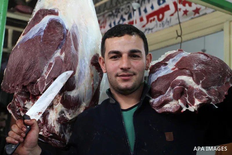 A Palestinian man sells meat at his shop in a market in Rafah in the southern Gaza Strip, April 19, 2016. Photo by Abed Rahim Khatib