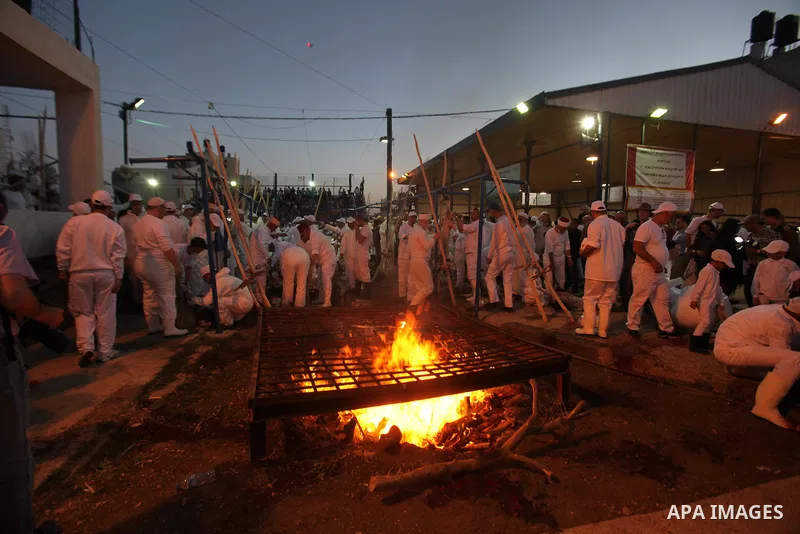 Members of the ancient Samaritan community participate in the ritual of Passover Sacrifice on Mount Grizim, overlooking the West Bank town of Nablus, April 20, 2016. Samaritans descended from the ancient Israelite tribes...