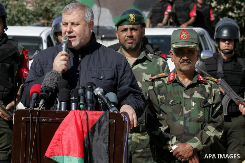 Islamic Jihad leader Khaled al-Batsh speaks as Members of Palestinian security forces loyal to Hamas deployed to maintain security on the border of southern Gaza Strip with Egypt, April 21, 2016. Hamas began deploying ad...