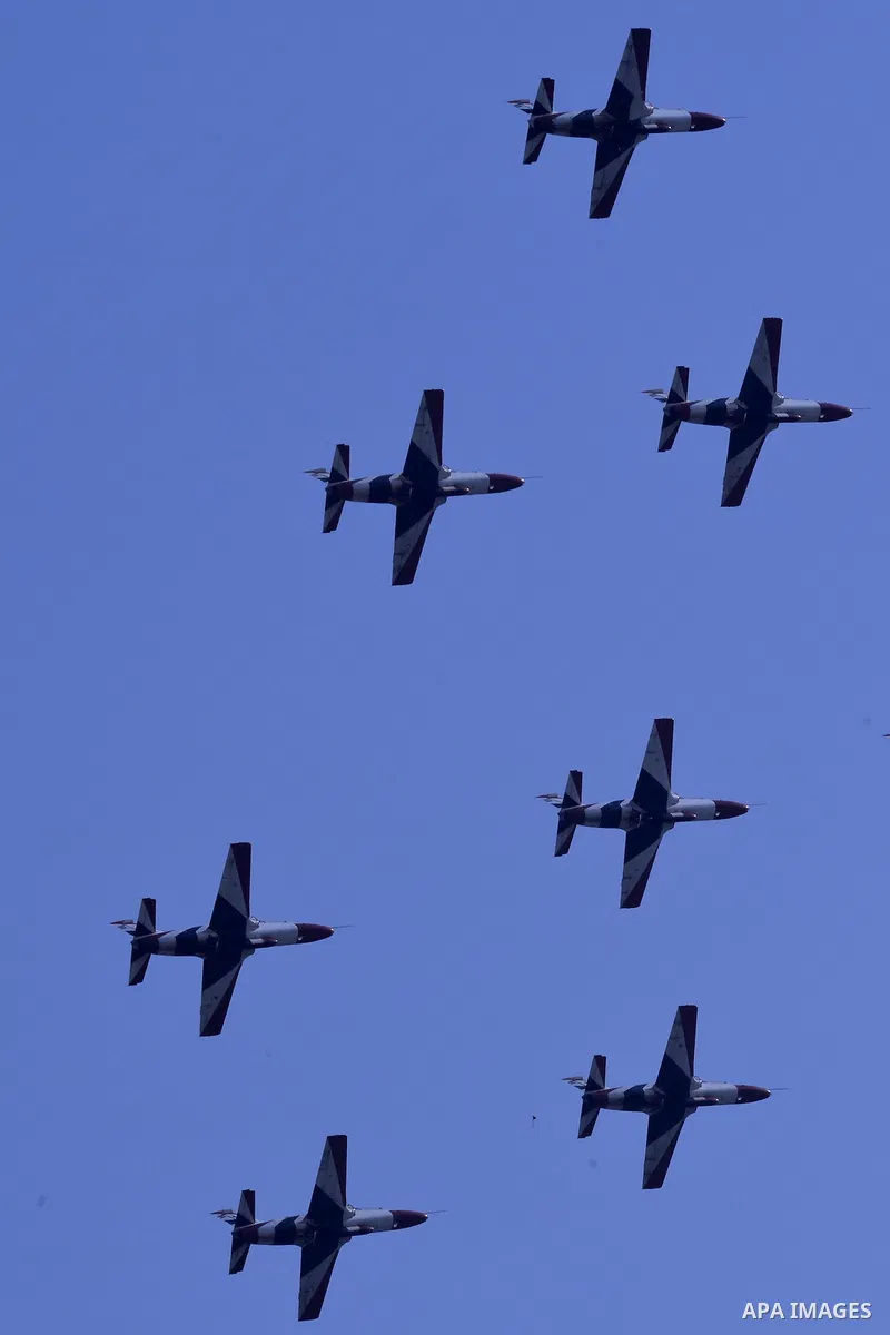 Egyptian air force planes participate in an air parade during a celebration the anniversary of Sinai Liberation Day in Cairo, Egypt, April 25, 2016. Photo by Amr Sayed