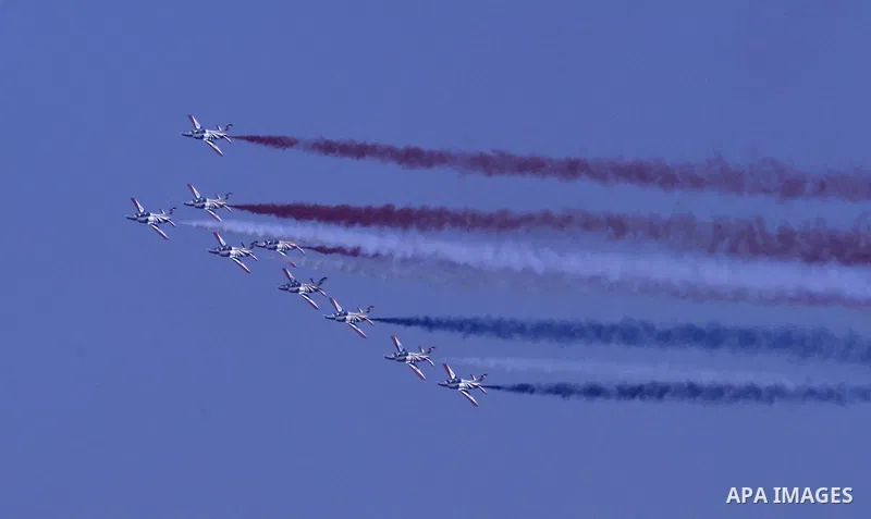 Egyptian air force planes participate in an air parade during a celebration the anniversary of Sinai Liberation Day in Cairo, Egypt, April 25, 2016. Photo by Amr Sayed