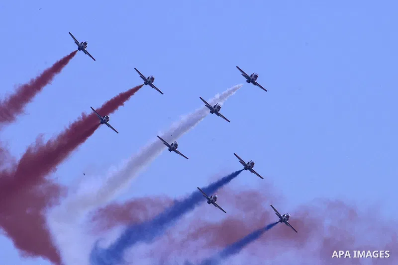 Egyptian air force planes participate in an air parade during a celebration the anniversary of Sinai Liberation Day in Cairo, Egypt, April 25, 2016. Photo by Amr Sayed