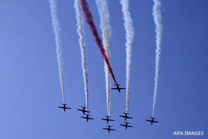 Egyptian air force planes participate in an air parade during a celebration the anniversary of Sinai Liberation Day in Cairo, Egypt, April 25, 2016. Photo by Amr Sayed