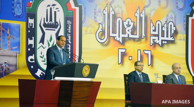 Egyptian President Abdel Fattah al-Sisi speaks during a ceremony to mark International Workers' Day or "Labour Day" in Cairo, Egypt, on April 28, 2016. Photo by Egyptian President Office