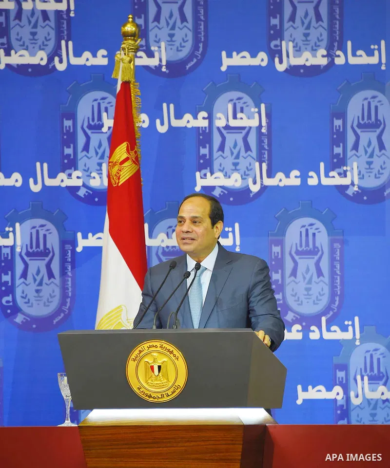 Egyptian President Abdel Fattah al-Sisi speaks during a ceremony to mark International Workers' Day or "Labour Day" in Cairo, Egypt, on April 28, 2016. Photo by Egyptian President Office